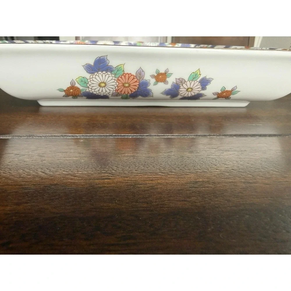 VTG Japanese Imari Style Square Porcelain Plate Floral Chrysanthemum Gold Rim